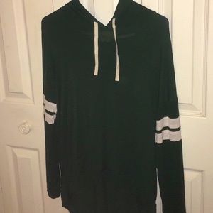 dark green hoodie w/ white varsity stripes